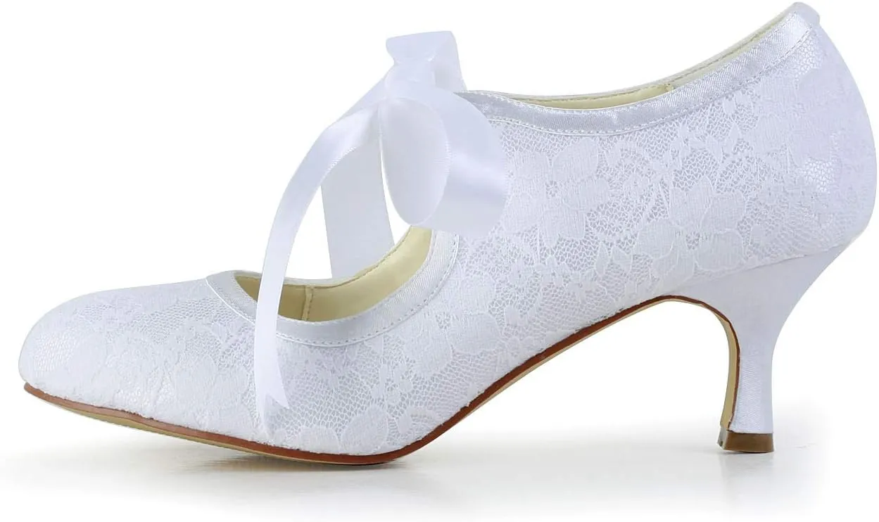 JIAJIA 140311 Women's Bridal Shoes Closed Toe Stiletto Heel Lace Satin Pumps Ribbon Tie Wedding Shoes