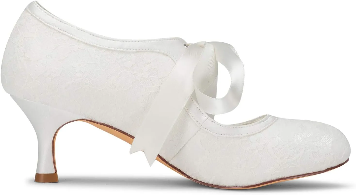JIAJIA 140311 Women's Bridal Shoes Closed Toe Stiletto Heel Lace Satin Pumps Ribbon Tie Wedding Shoes