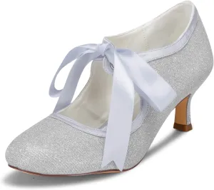 JIAJIA 140311 Women's Bridal Shoes Closed Toe Stiletto Heel Lace Satin Pumps Ribbon Tie Wedding Shoes