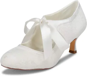 JIAJIA 140311 Women's Bridal Shoes Closed Toe Stiletto Heel Lace Satin Pumps Ribbon Tie Wedding Shoes