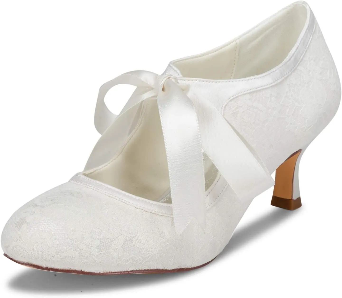 JIAJIA 140311 Women's Bridal Shoes Closed Toe Stiletto Heel Lace Satin Pumps Ribbon Tie Wedding Shoes