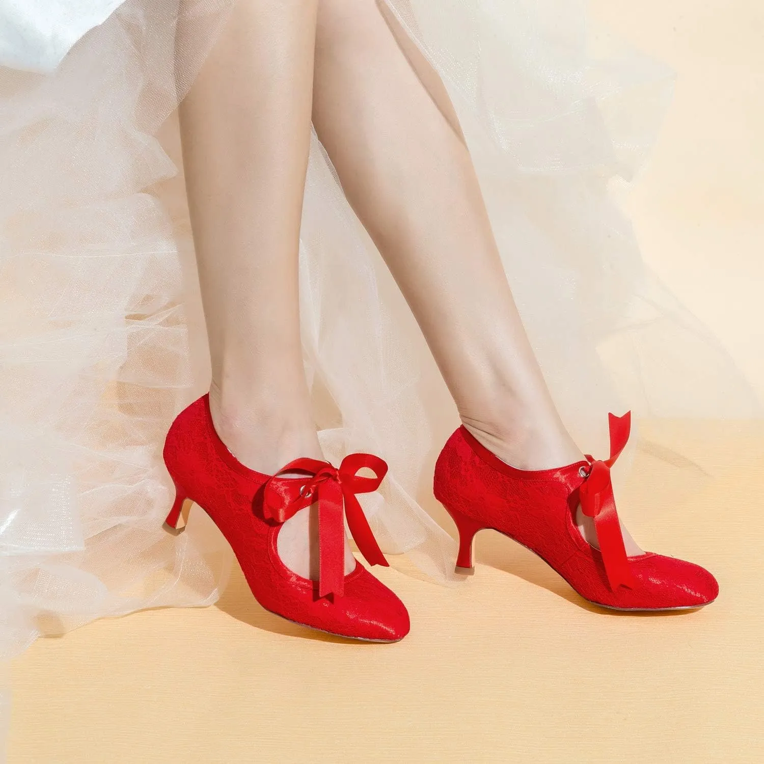 JIAJIA 140311 Women's Bridal Shoes Closed Toe Stiletto Heel Lace Satin Pumps Ribbon Tie Wedding Shoes