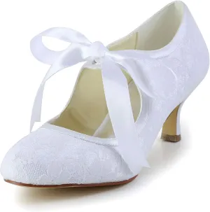 JIAJIA 140311 Women's Bridal Shoes Closed Toe Stiletto Heel Lace Satin Pumps Ribbon Tie Wedding Shoes