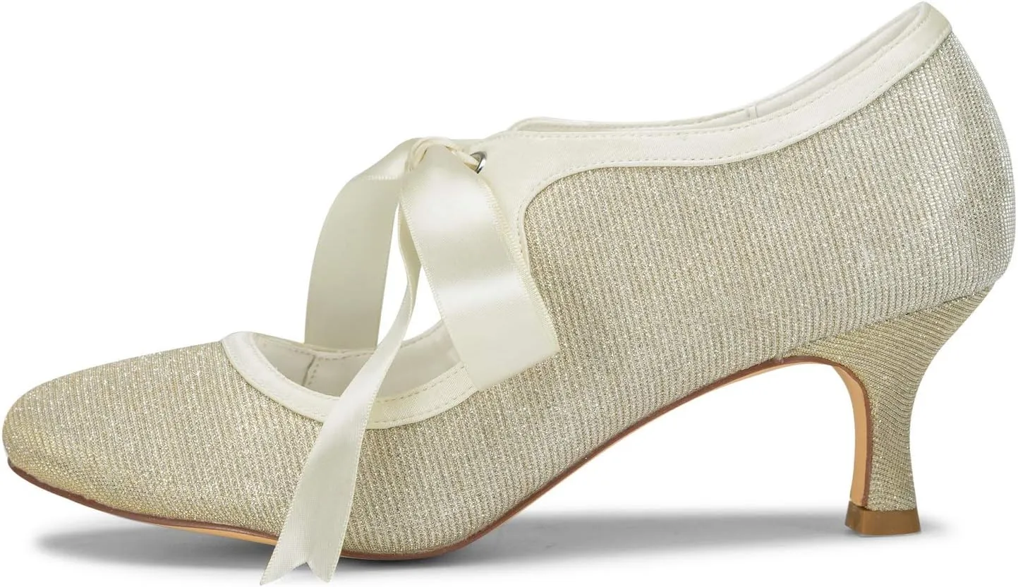 JIAJIA 140311 Women's Bridal Shoes Closed Toe Stiletto Heel Lace Satin Pumps Ribbon Tie Wedding Shoes