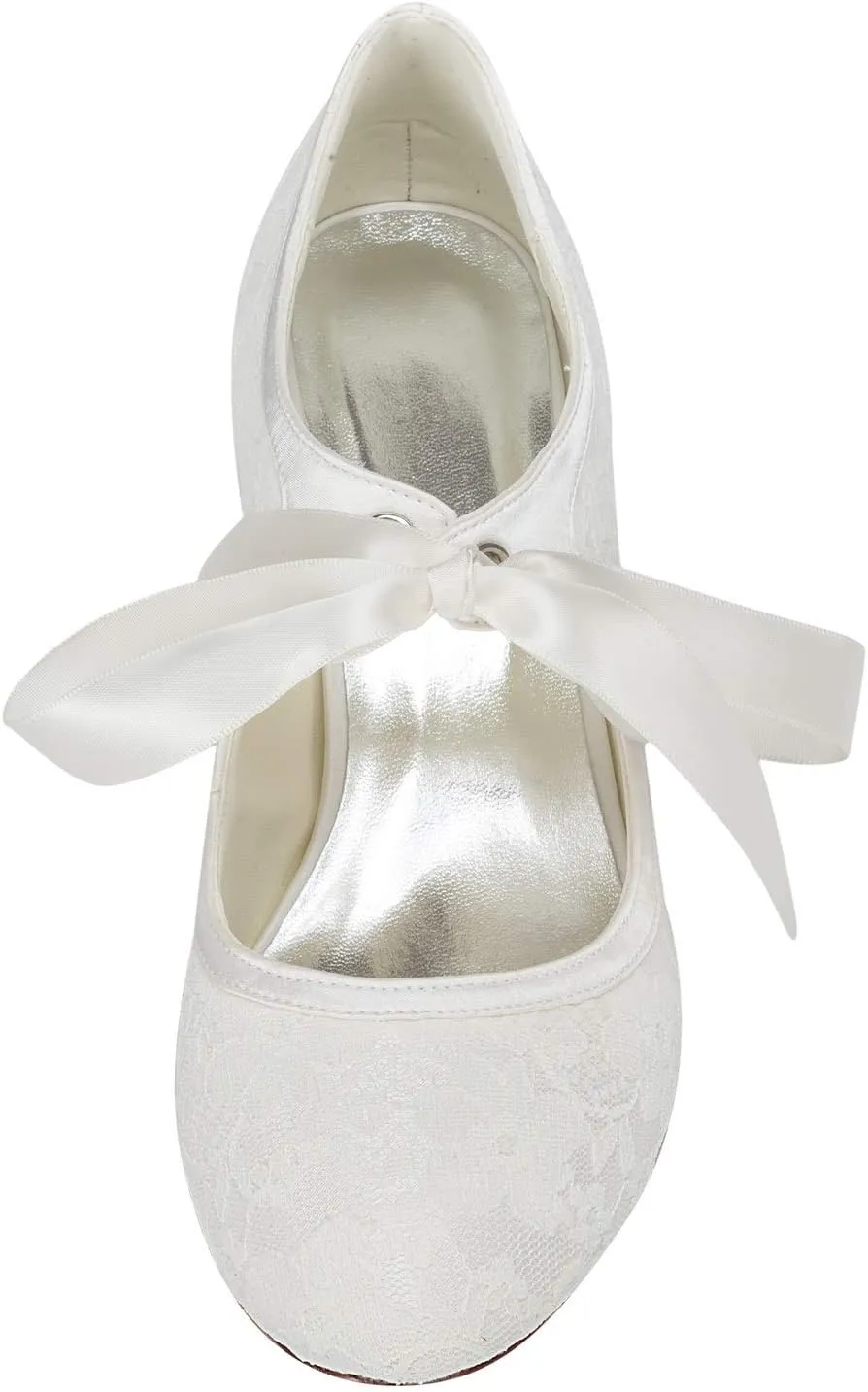 JIAJIA 140311 Women's Bridal Shoes Closed Toe Stiletto Heel Lace Satin Pumps Ribbon Tie Wedding Shoes