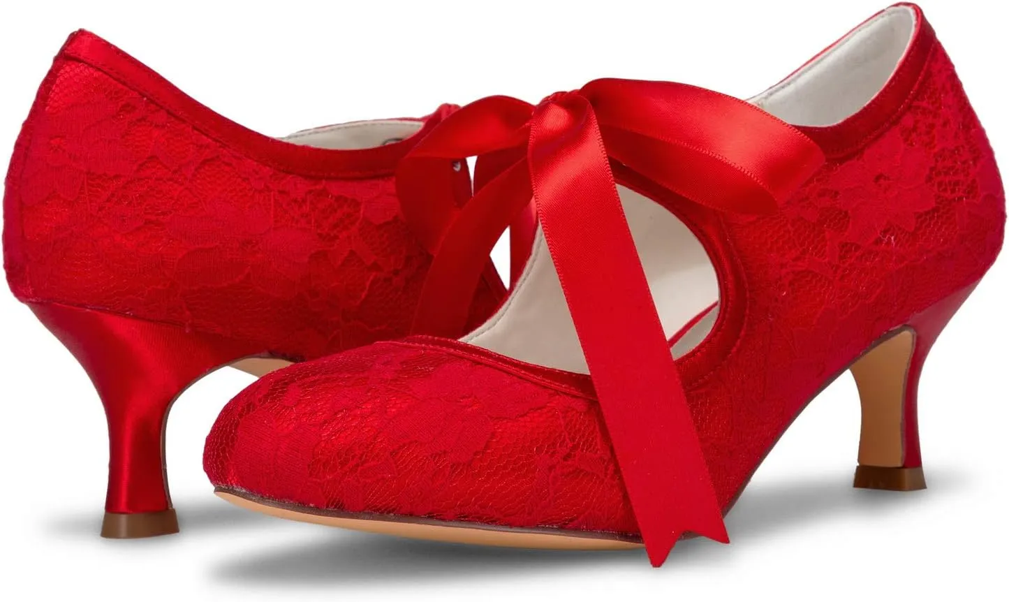 JIAJIA 140311 Women's Bridal Shoes Closed Toe Stiletto Heel Lace Satin Pumps Ribbon Tie Wedding Shoes