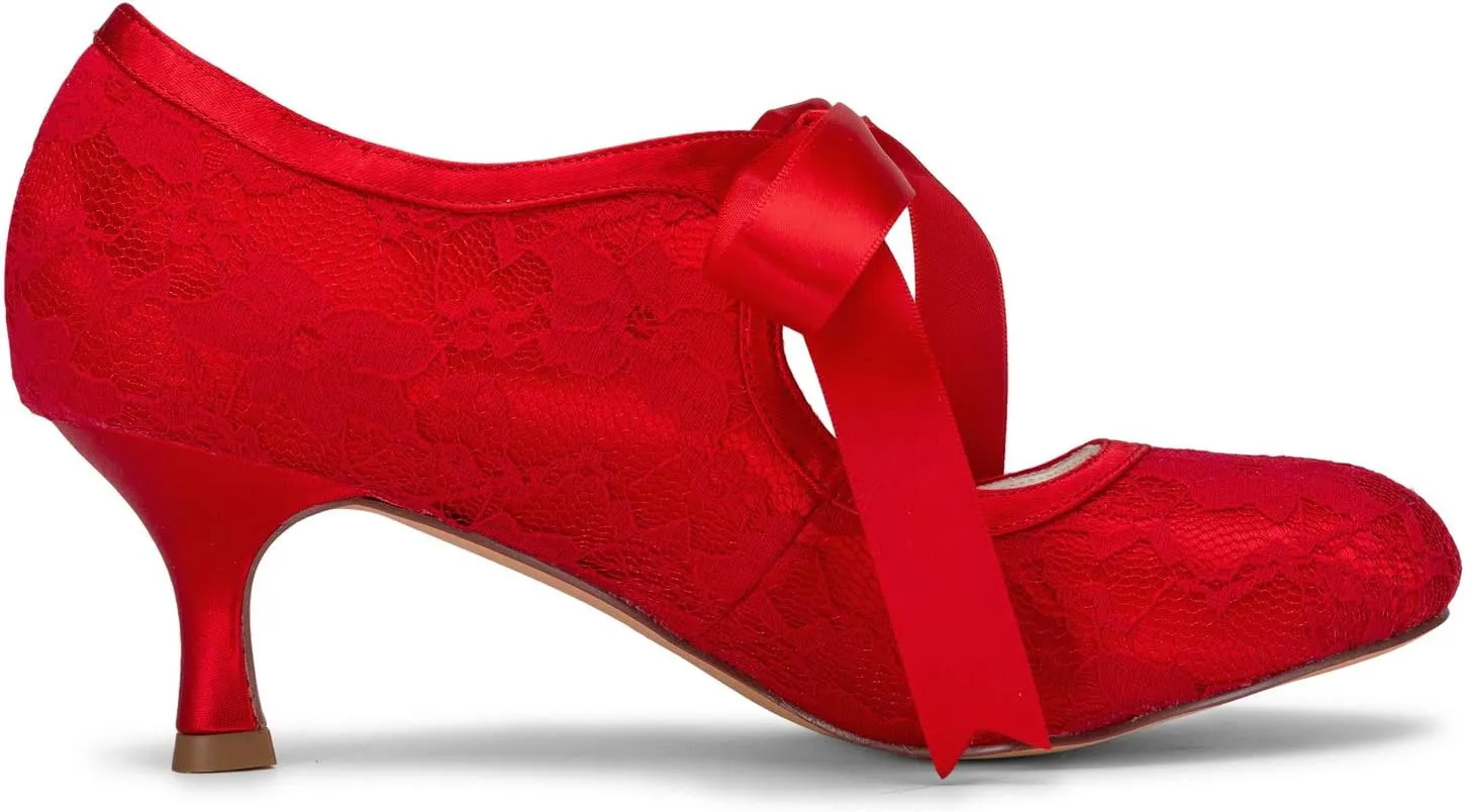 JIAJIA 140311 Women's Bridal Shoes Closed Toe Stiletto Heel Lace Satin Pumps Ribbon Tie Wedding Shoes