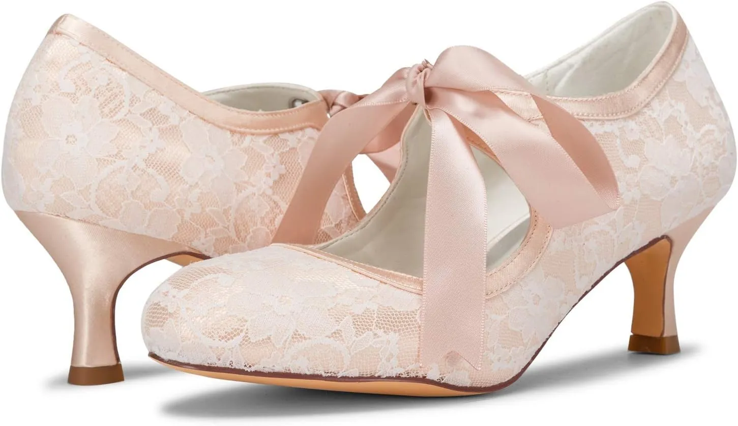 JIAJIA 140311 Women's Bridal Shoes Closed Toe Stiletto Heel Lace Satin Pumps Ribbon Tie Wedding Shoes