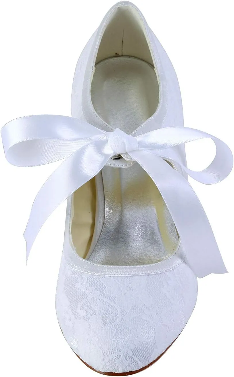JIAJIA 140311 Women's Bridal Shoes Closed Toe Stiletto Heel Lace Satin Pumps Ribbon Tie Wedding Shoes