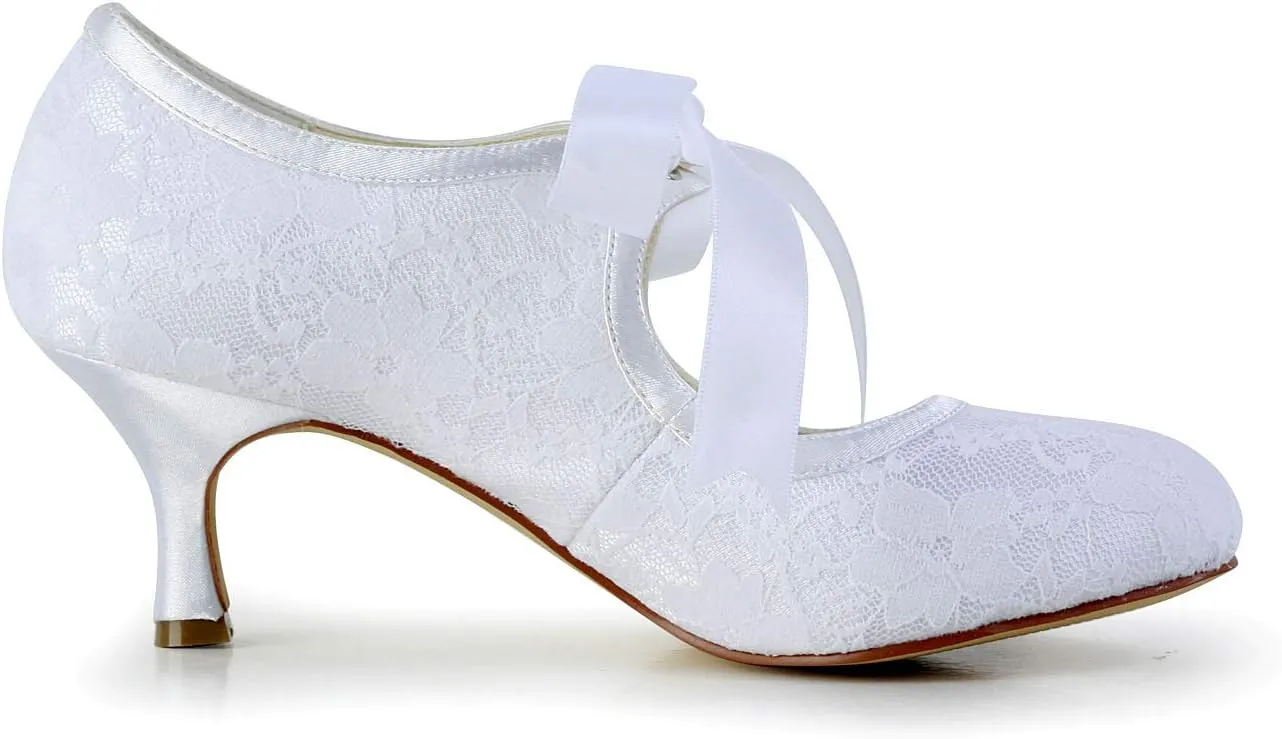 JIAJIA 140311 Women's Bridal Shoes Closed Toe Stiletto Heel Lace Satin Pumps Ribbon Tie Wedding Shoes