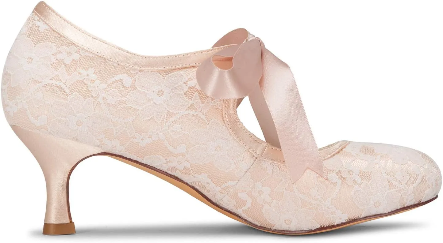 JIAJIA 140311 Women's Bridal Shoes Closed Toe Stiletto Heel Lace Satin Pumps Ribbon Tie Wedding Shoes