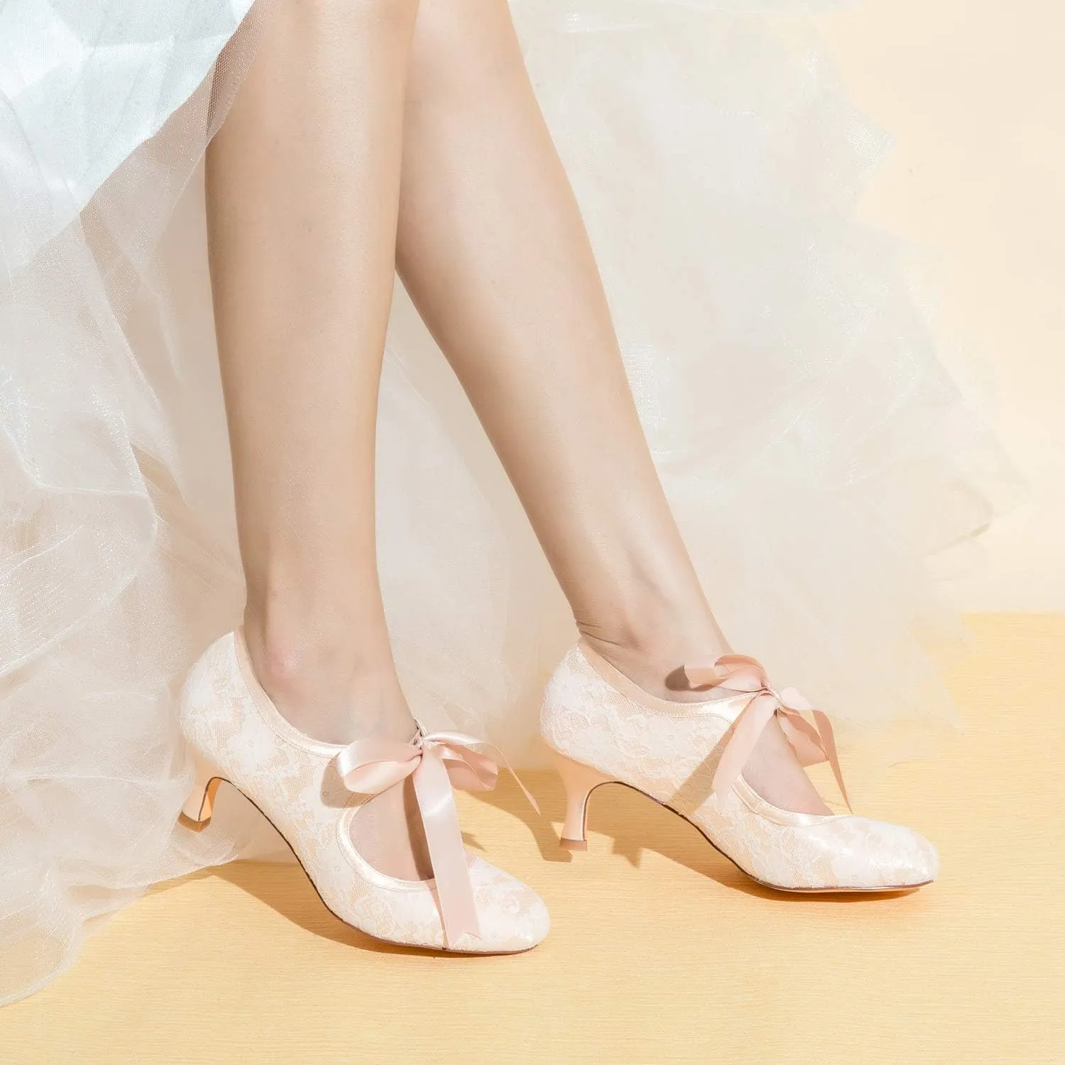 JIAJIA 140311 Women's Bridal Shoes Closed Toe Stiletto Heel Lace Satin Pumps Ribbon Tie Wedding Shoes