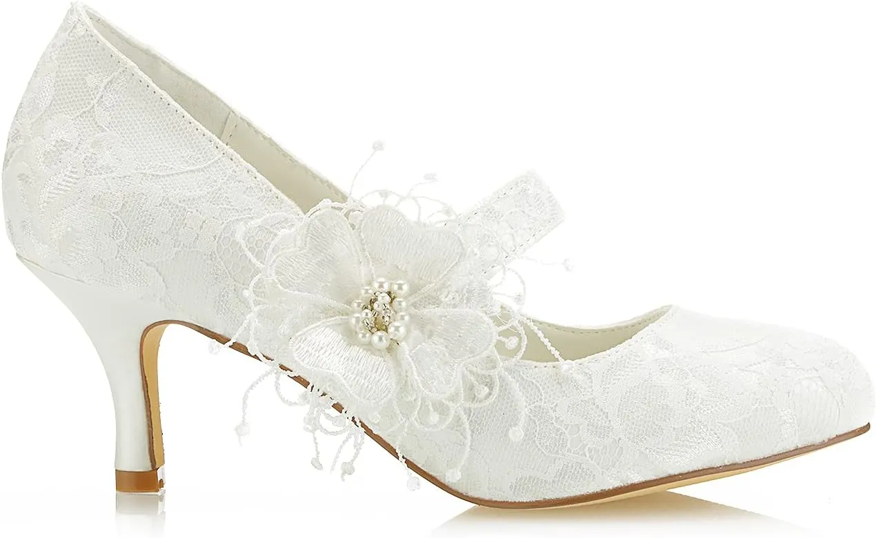 JIAJIA 586449B Women's Bridal Shoes Closed Toe 2.5" Stiletto Heel Lace Satin Pumps Satin Flower Imitation Wedding Shoes