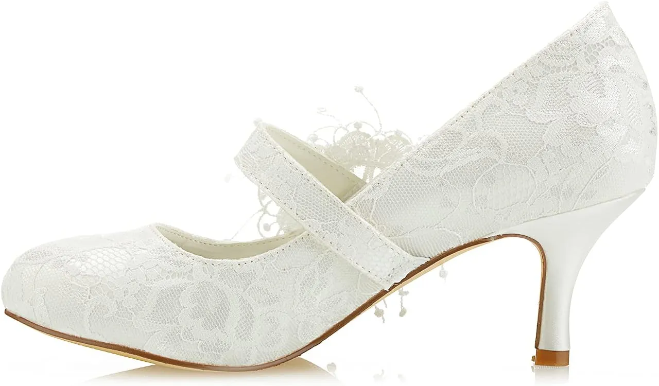 JIAJIA 586449B Women's Bridal Shoes Closed Toe 2.5" Stiletto Heel Lace Satin Pumps Satin Flower Imitation Wedding Shoes