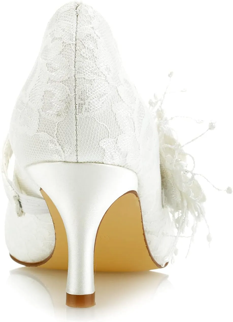 JIAJIA 586449B Women's Bridal Shoes Closed Toe 2.5" Stiletto Heel Lace Satin Pumps Satin Flower Imitation Wedding Shoes