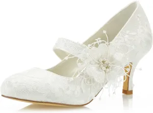 JIAJIA 586449B Women's Bridal Shoes Closed Toe 2.5" Stiletto Heel Lace Satin Pumps Satin Flower Imitation Wedding Shoes