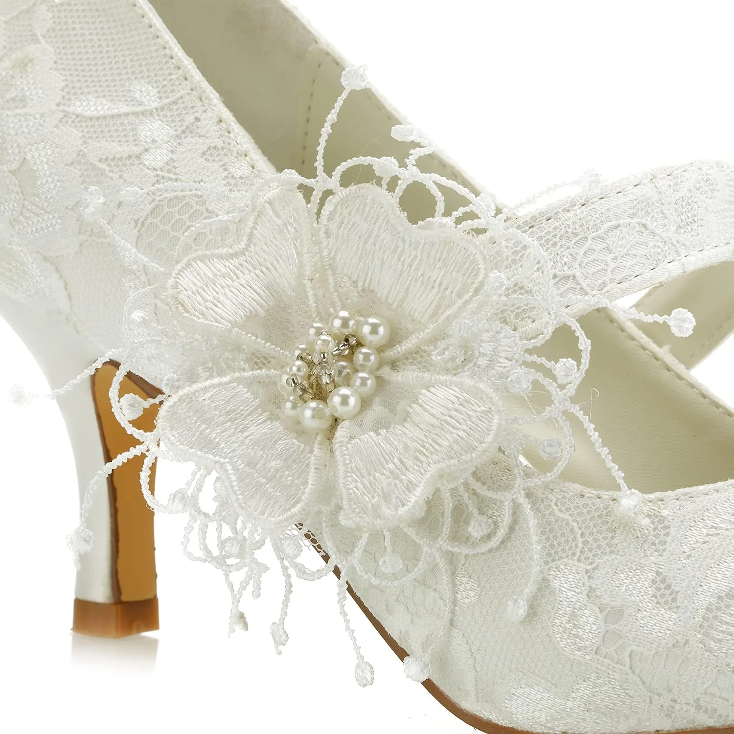 JIAJIA 586449B Women's Bridal Shoes Closed Toe 2.5" Stiletto Heel Lace Satin Pumps Satin Flower Imitation Wedding Shoes