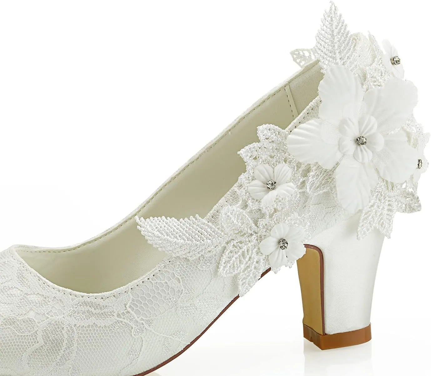 JIAJIA 62311 Women's Bridal Shoes Closed Toe 2.7" Chunky Heel Lace Satin Pumps Satin Flower Wedding Shoes