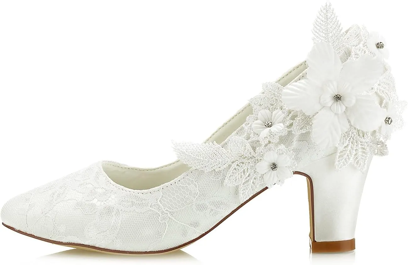 JIAJIA 62311 Women's Bridal Shoes Closed Toe 2.7" Chunky Heel Lace Satin Pumps Satin Flower Wedding Shoes