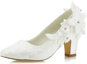 JIAJIA 62311 Women's Bridal Shoes Closed Toe 2.7" Chunky Heel Lace Satin Pumps Satin Flower Wedding Shoes