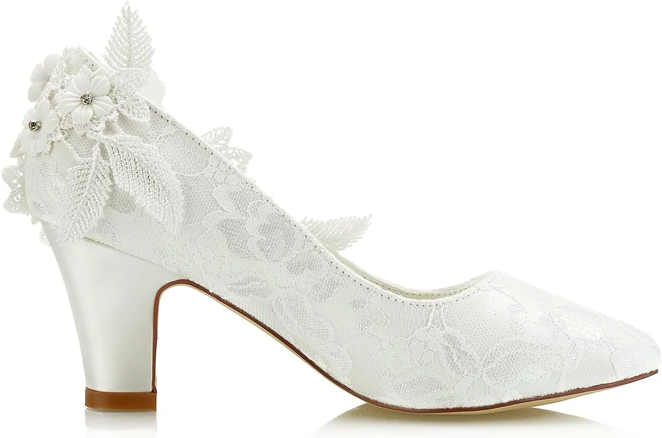 JIAJIA 62311 Women's Bridal Shoes Closed Toe 2.7" Chunky Heel Lace Satin Pumps Satin Flower Wedding Shoes
