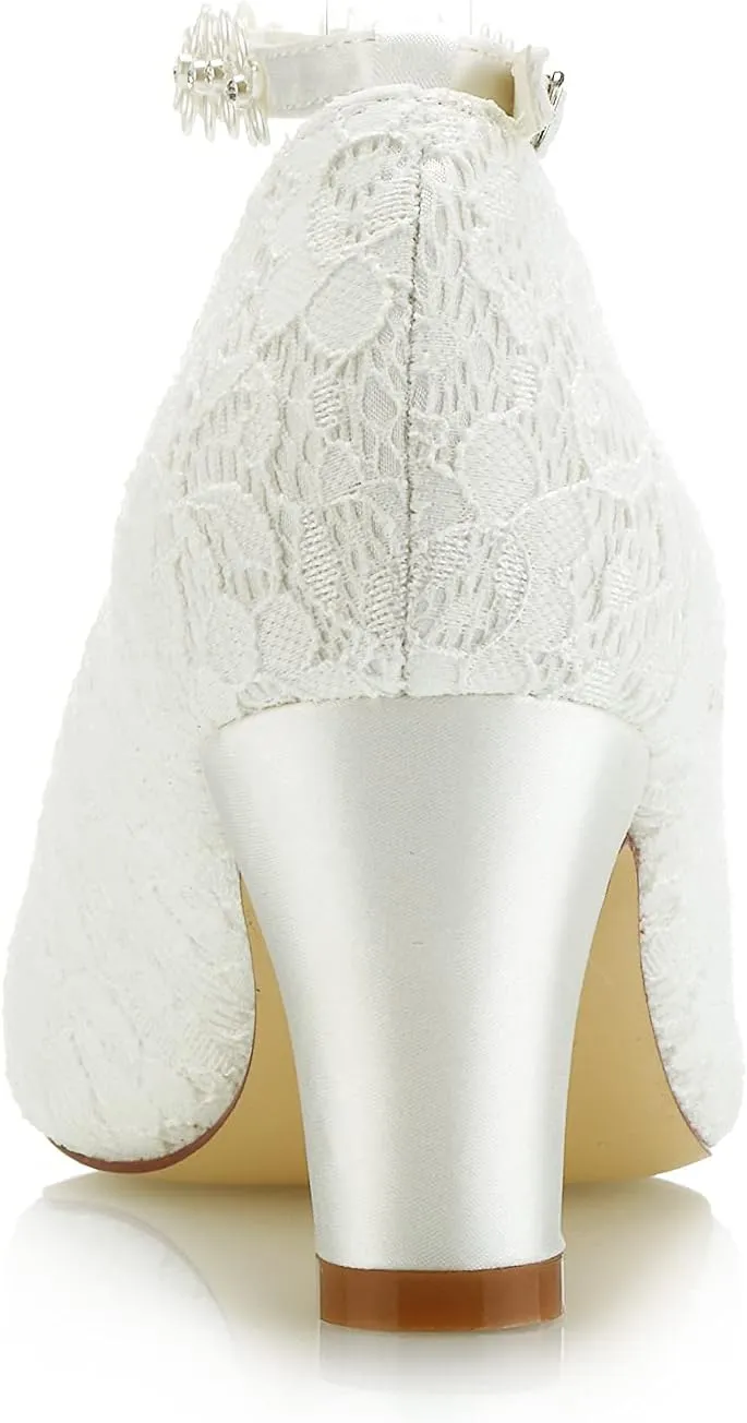 JIAJIA 62311A Women's Bridal Shoes Closed Toe 2.7" Chunky Heel Lace Satin Pumps Satin Flower Wedding Shoes