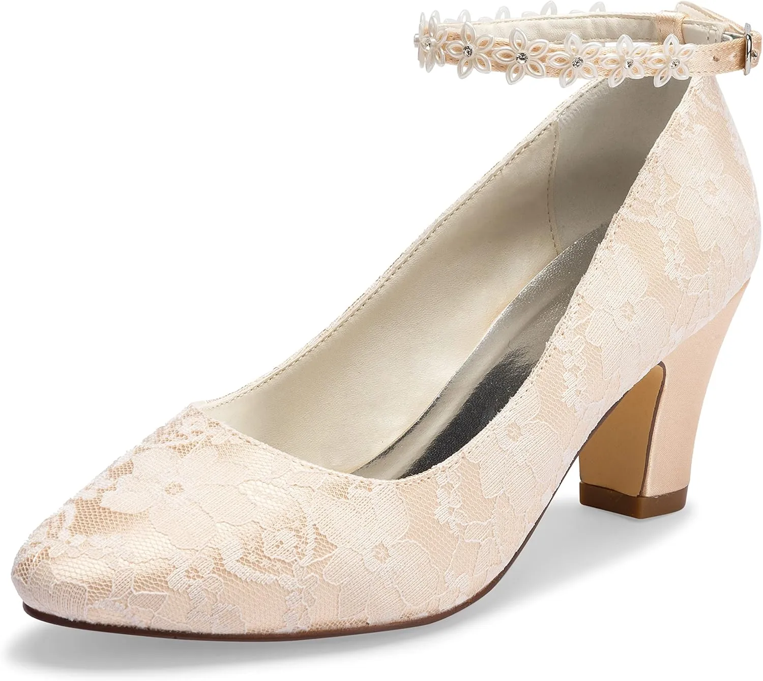 JIAJIA 62311A Women's Bridal Shoes Closed Toe 2.7" Chunky Heel Lace Satin Pumps Satin Flower Wedding Shoes