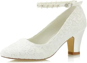 JIAJIA 62311A Women's Bridal Shoes Closed Toe 2.7" Chunky Heel Lace Satin Pumps Satin Flower Wedding Shoes