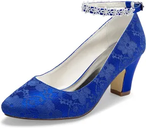 JIAJIA 62311A Women's Bridal Shoes Closed Toe 2.7" Chunky Heel Lace Satin Pumps Satin Flower Wedding Shoes