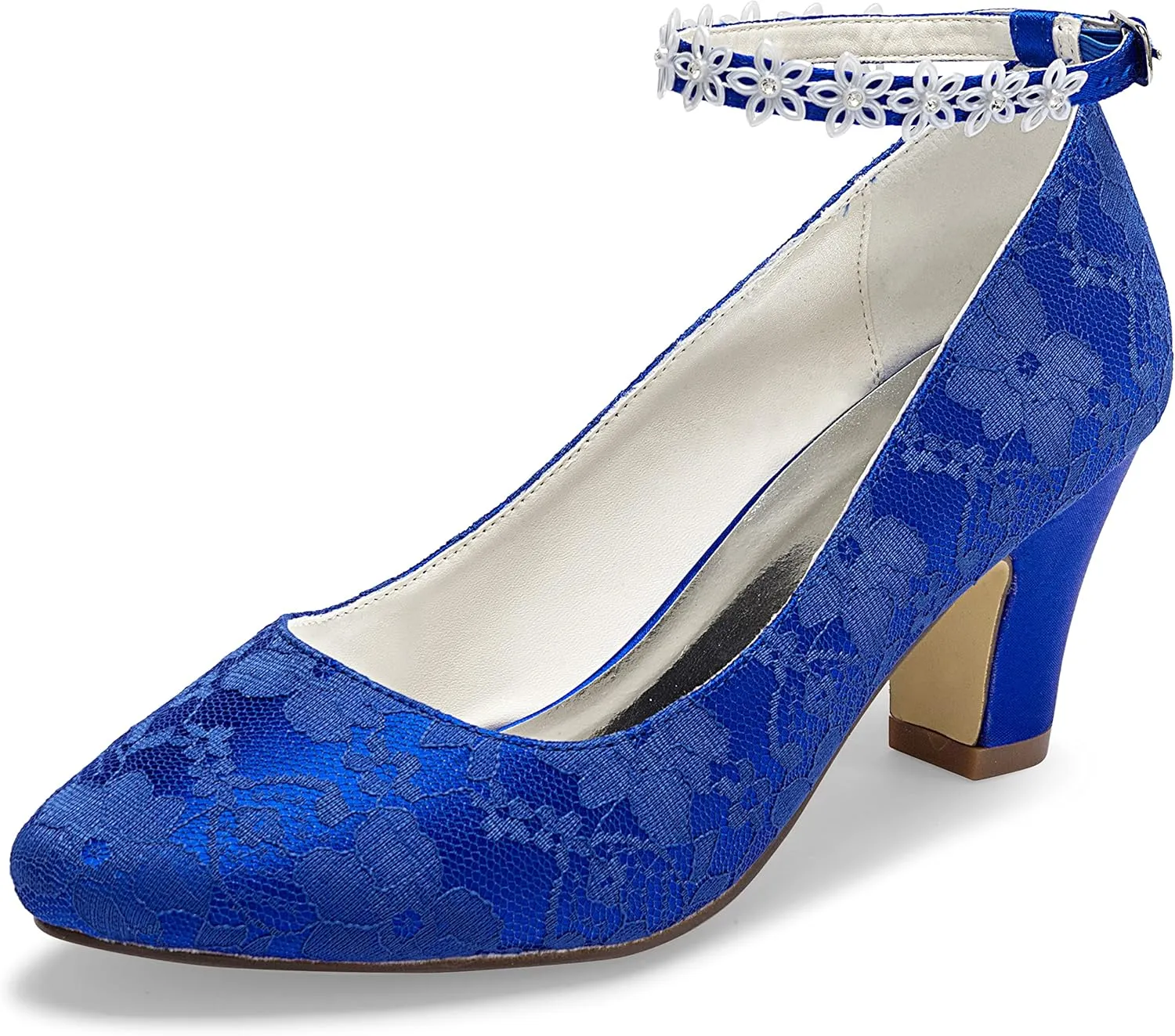 JIAJIA 62311A Women's Bridal Shoes Closed Toe 2.7" Chunky Heel Lace Satin Pumps Satin Flower Wedding Shoes