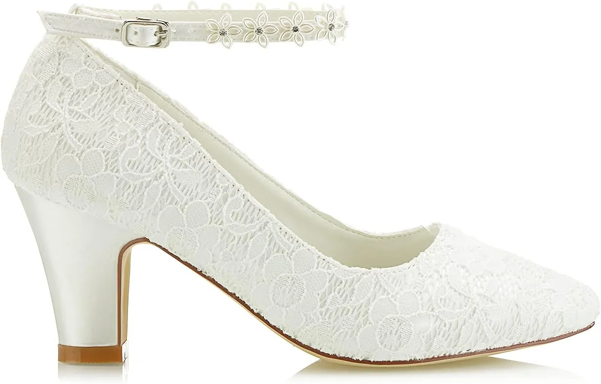JIAJIA 62311A Women's Bridal Shoes Closed Toe 2.7" Chunky Heel Lace Satin Pumps Satin Flower Wedding Shoes