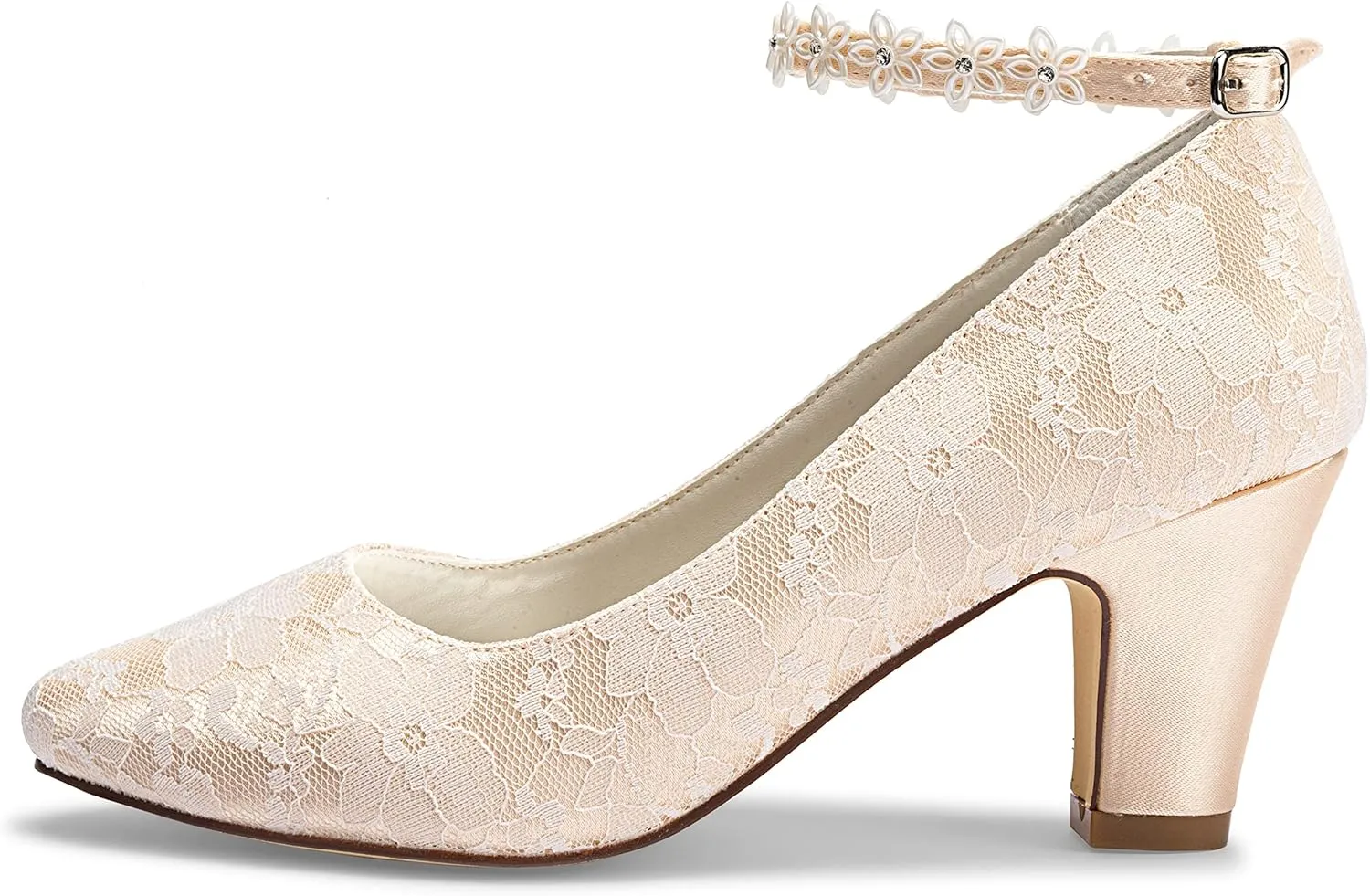 JIAJIA 62311A Women's Bridal Shoes Closed Toe 2.7" Chunky Heel Lace Satin Pumps Satin Flower Wedding Shoes