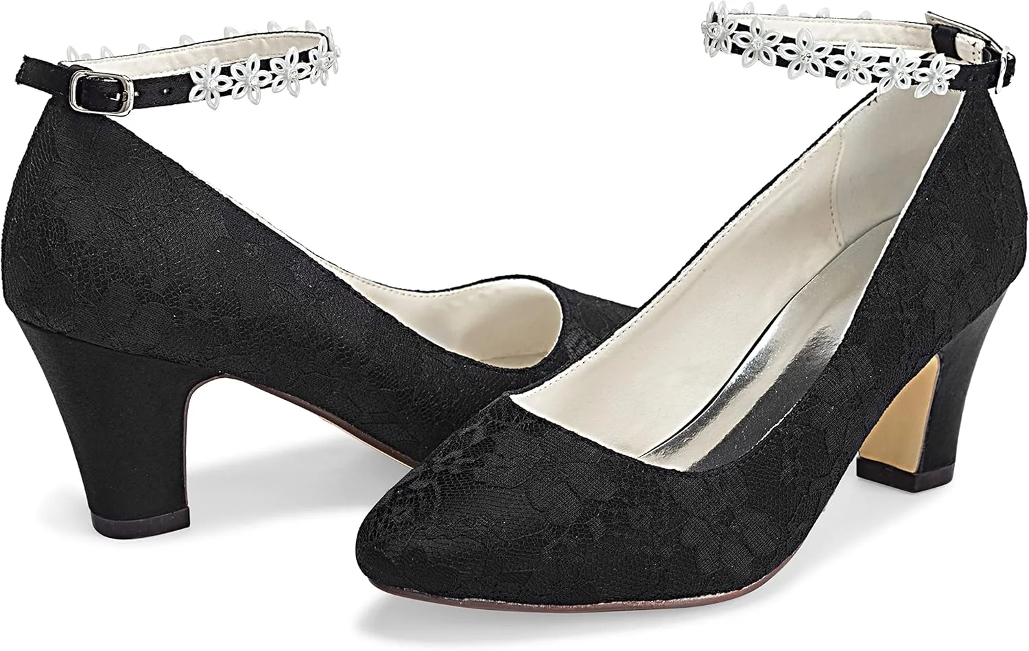 JIAJIA 62311A Women's Bridal Shoes Closed Toe 2.7" Chunky Heel Lace Satin Pumps Satin Flower Wedding Shoes