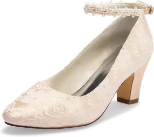 JIAJIA 62311A Women's Bridal Shoes Closed Toe 2.7" Chunky Heel Lace Satin Pumps Satin Flower Wedding Shoes