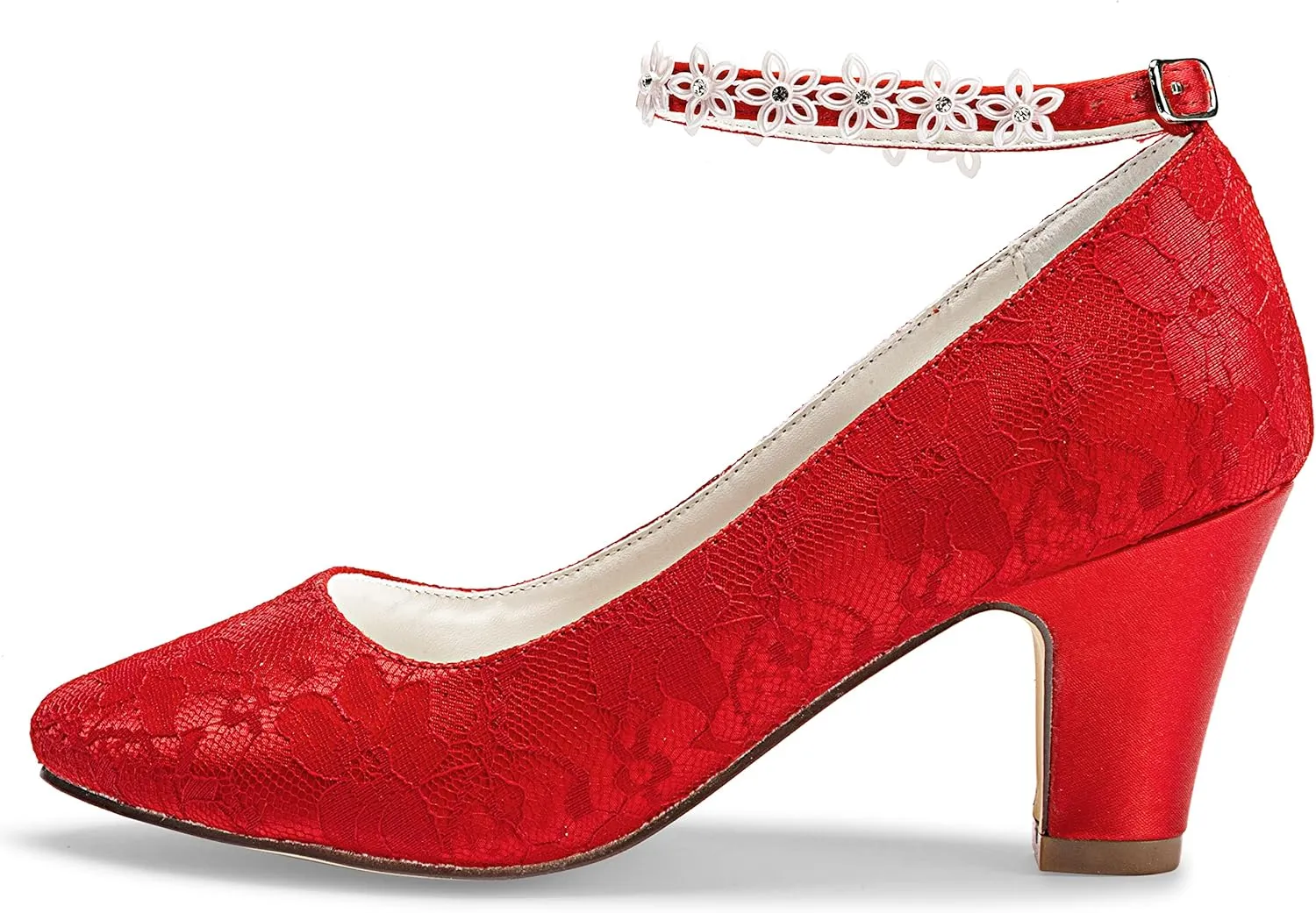 JIAJIA 62311A Women's Bridal Shoes Closed Toe 2.7" Chunky Heel Lace Satin Pumps Satin Flower Wedding Shoes