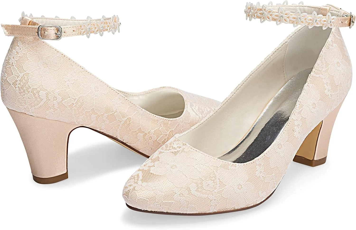JIAJIA 62311A Women's Bridal Shoes Closed Toe 2.7" Chunky Heel Lace Satin Pumps Satin Flower Wedding Shoes