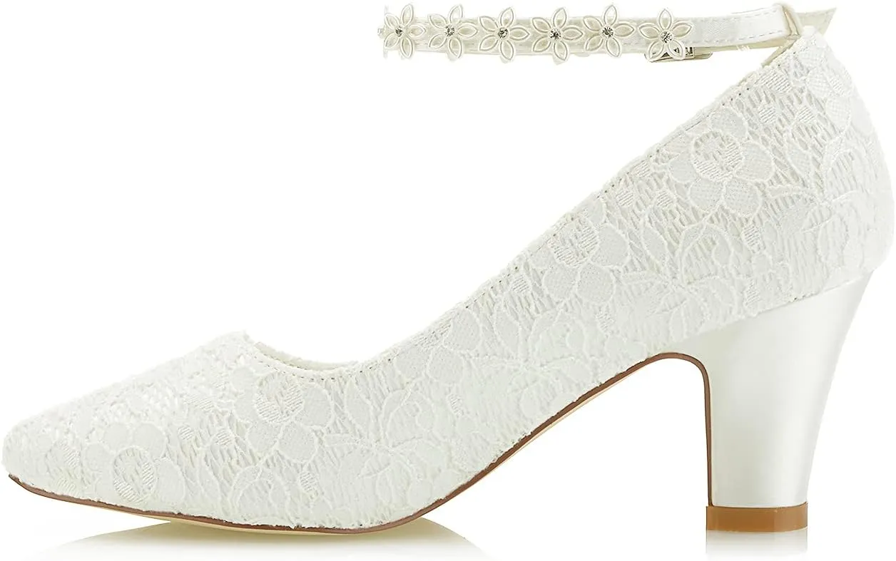 JIAJIA 62311A Women's Bridal Shoes Closed Toe 2.7" Chunky Heel Lace Satin Pumps Satin Flower Wedding Shoes