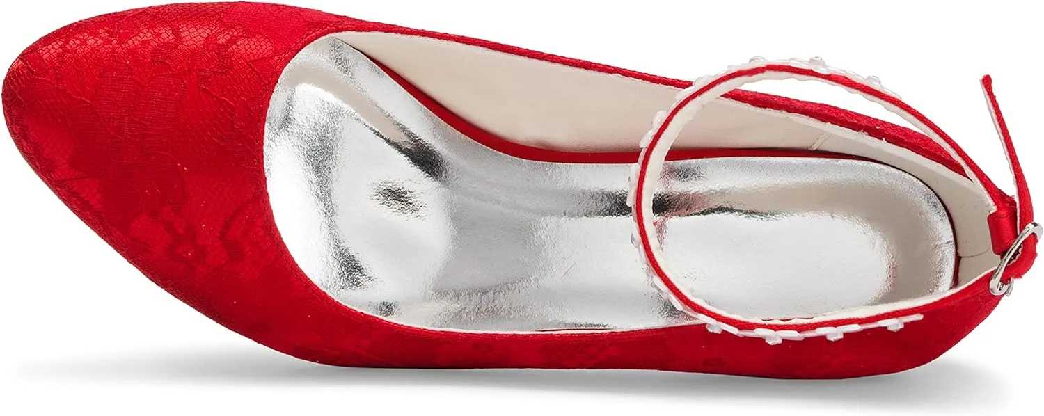 JIAJIA 62311A Women's Bridal Shoes Closed Toe 2.7" Chunky Heel Lace Satin Pumps Satin Flower Wedding Shoes