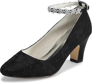 JIAJIA 62311A Women's Bridal Shoes Closed Toe 2.7" Chunky Heel Lace Satin Pumps Satin Flower Wedding Shoes