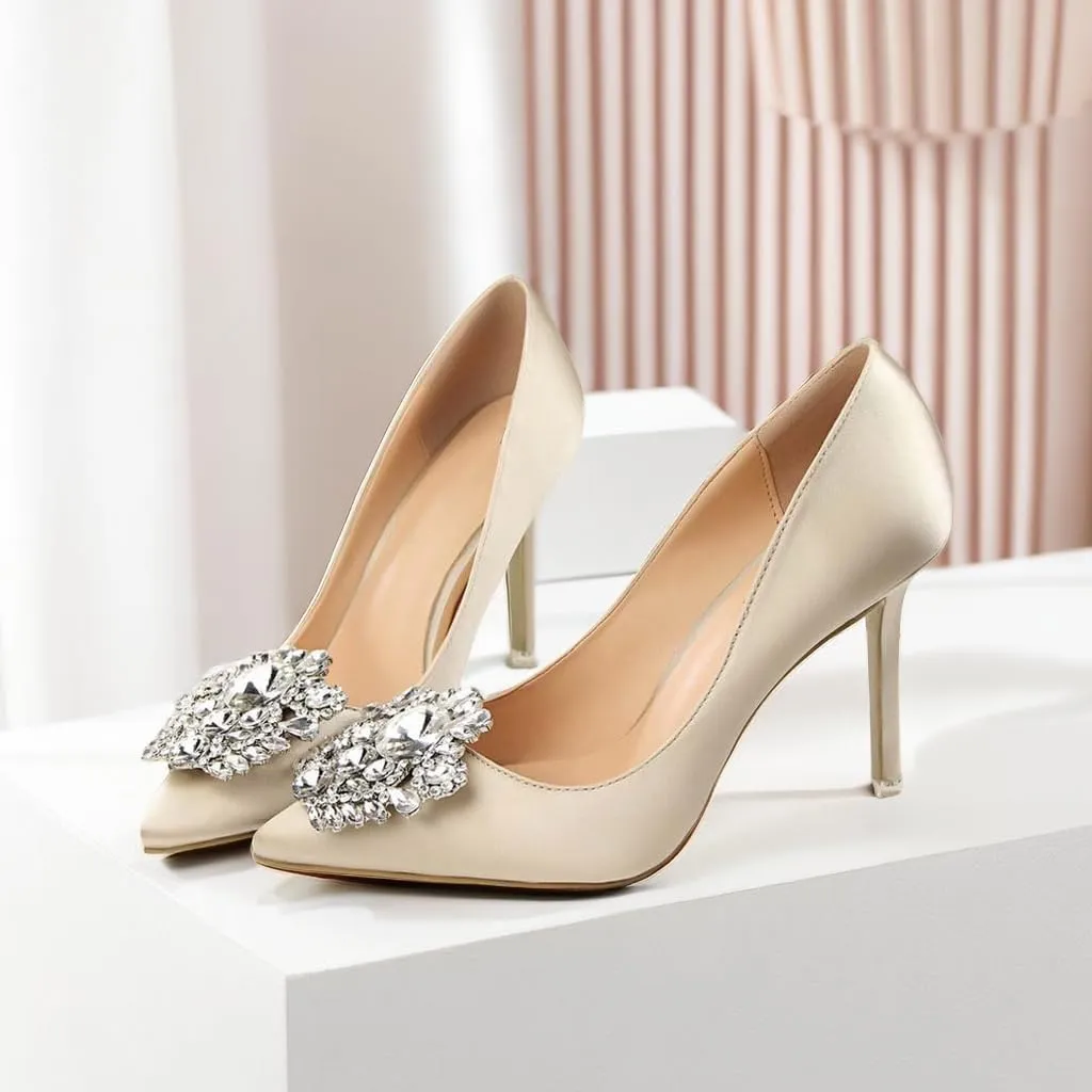JOEupin Womens Rhinestone Satin Pumps Evening Party High Heel Pumps Wedding Bridal Stilettos Shoes