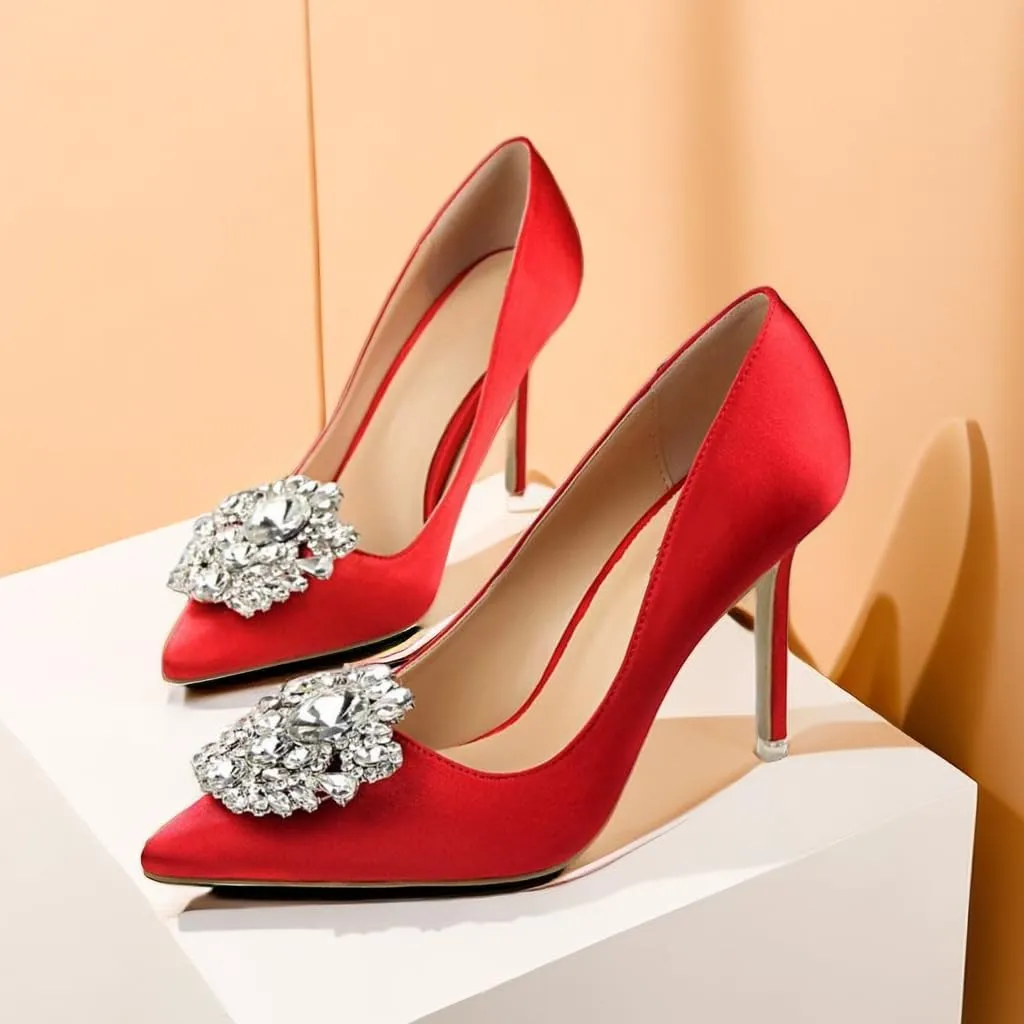 JOEupin Womens Rhinestone Satin Pumps Evening Party High Heel Pumps Wedding Bridal Stilettos Shoes