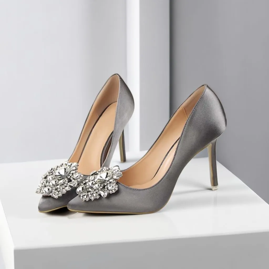 JOEupin Womens Rhinestone Satin Pumps Evening Party High Heel Pumps Wedding Bridal Stilettos Shoes
