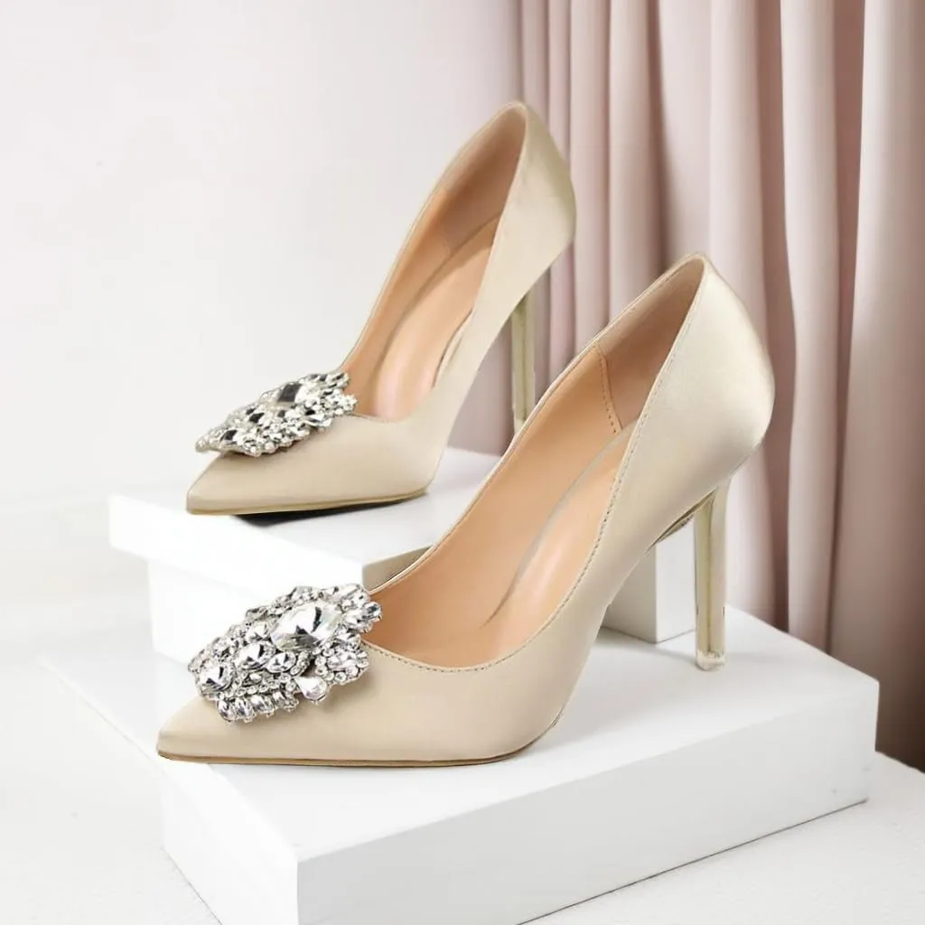 JOEupin Womens Rhinestone Satin Pumps Evening Party High Heel Pumps Wedding Bridal Stilettos Shoes