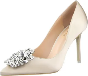 JOEupin Womens Rhinestone Satin Pumps Evening Party High Heel Pumps Wedding Bridal Stilettos Shoes