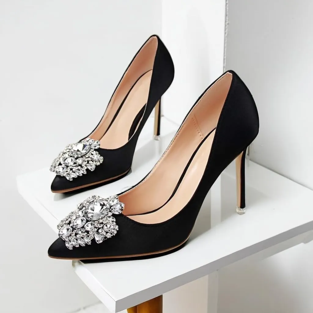 JOEupin Womens Rhinestone Satin Pumps Evening Party High Heel Pumps Wedding Bridal Stilettos Shoes