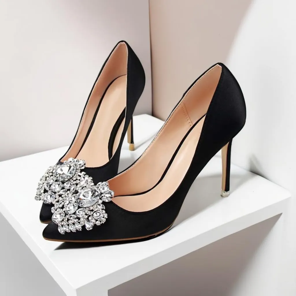 JOEupin Womens Rhinestone Satin Pumps Evening Party High Heel Pumps Wedding Bridal Stilettos Shoes