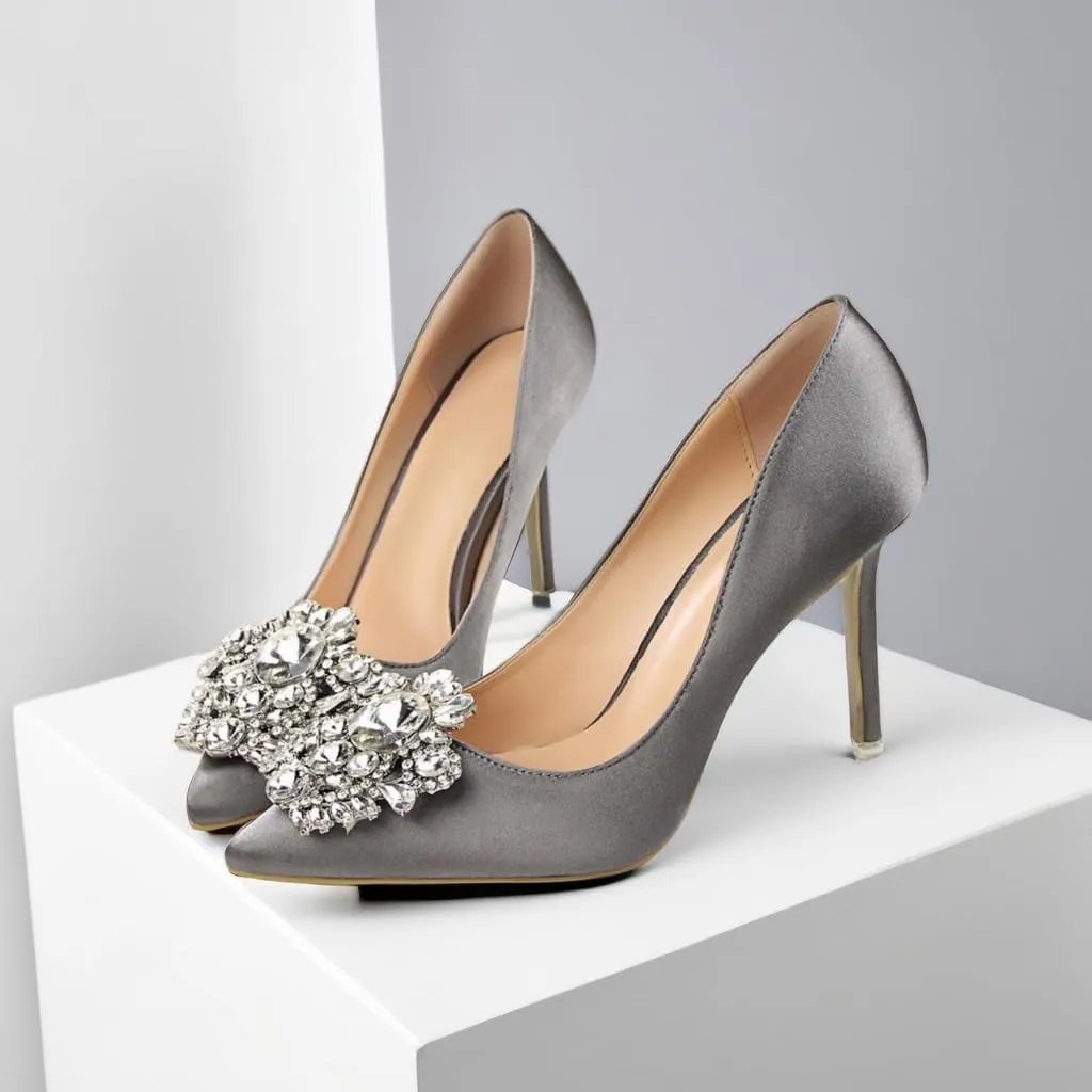 JOEupin Womens Rhinestone Satin Pumps Evening Party High Heel Pumps Wedding Bridal Stilettos Shoes