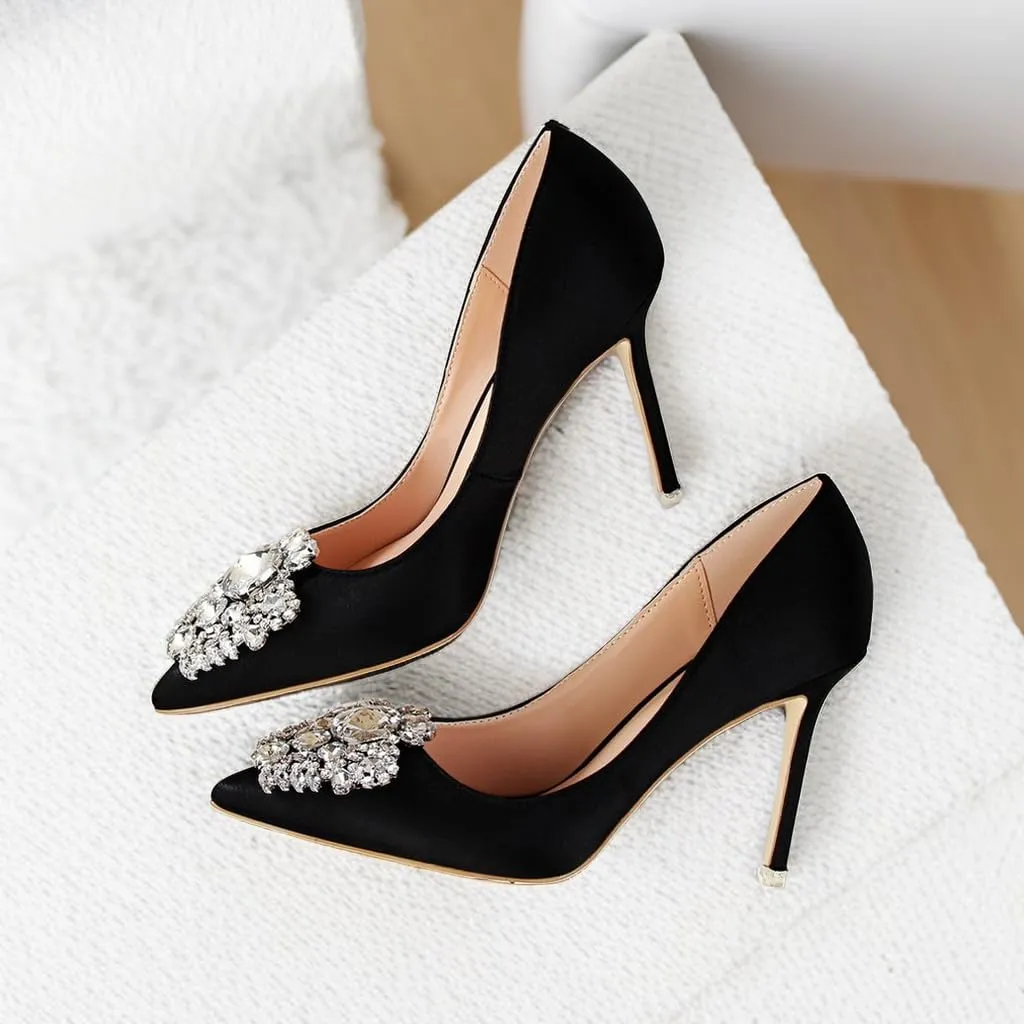 JOEupin Womens Rhinestone Satin Pumps Evening Party High Heel Pumps Wedding Bridal Stilettos Shoes