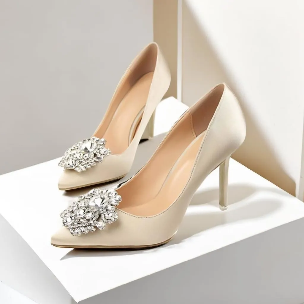 JOEupin Womens Rhinestone Satin Pumps Evening Party High Heel Pumps Wedding Bridal Stilettos Shoes