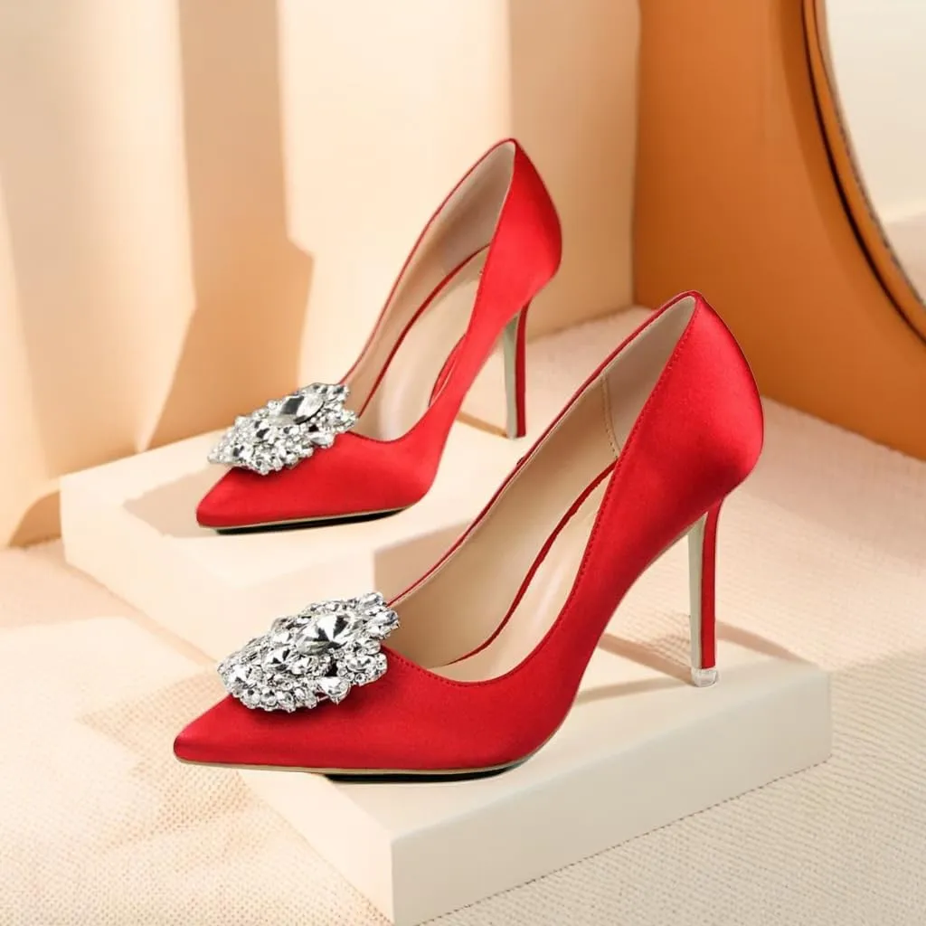 JOEupin Womens Rhinestone Satin Pumps Evening Party High Heel Pumps Wedding Bridal Stilettos Shoes